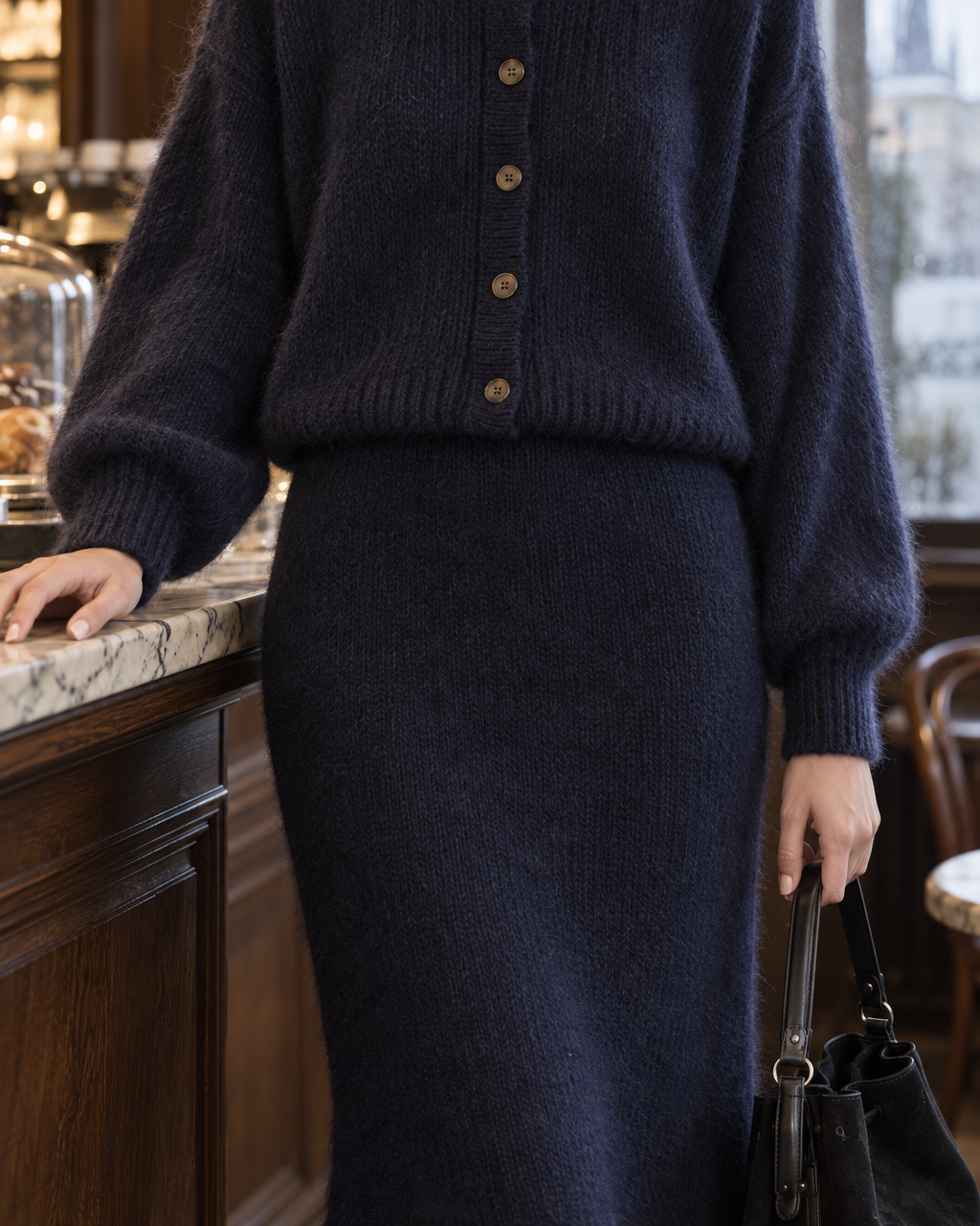 Casual Navy Brushed Knit Round Neck Long-sleeve Button-front Cardigan And Ruffle-hem Midi Skirt Set MVA003520AA