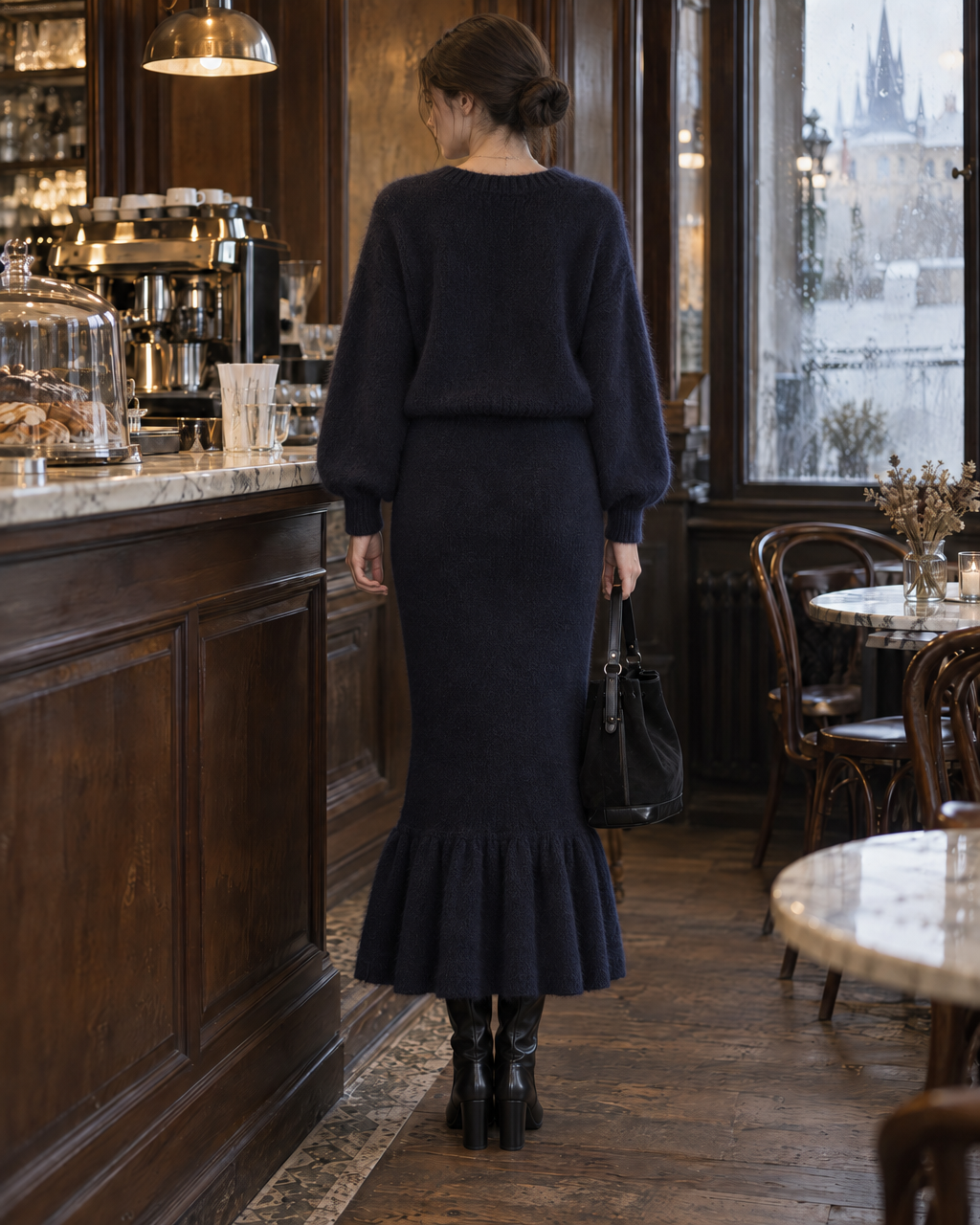 Casual Navy Brushed Knit Round Neck Long-sleeve Button-front Cardigan And Ruffle-hem Midi Skirt Set MVA003520AA