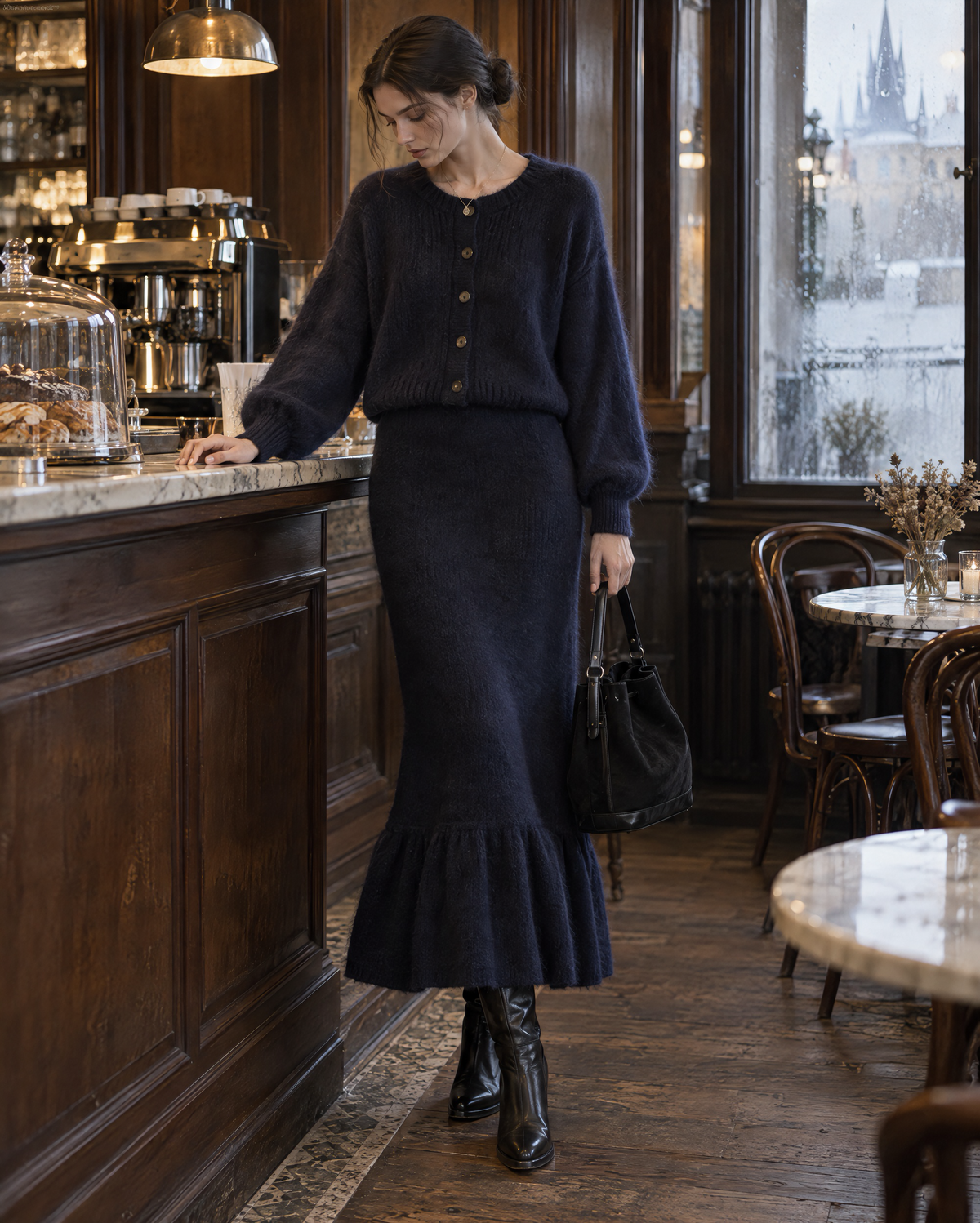Casual Navy Brushed Knit Round Neck Long-sleeve Button-front Cardigan And Ruffle-hem Midi Skirt Set MVA003520AA