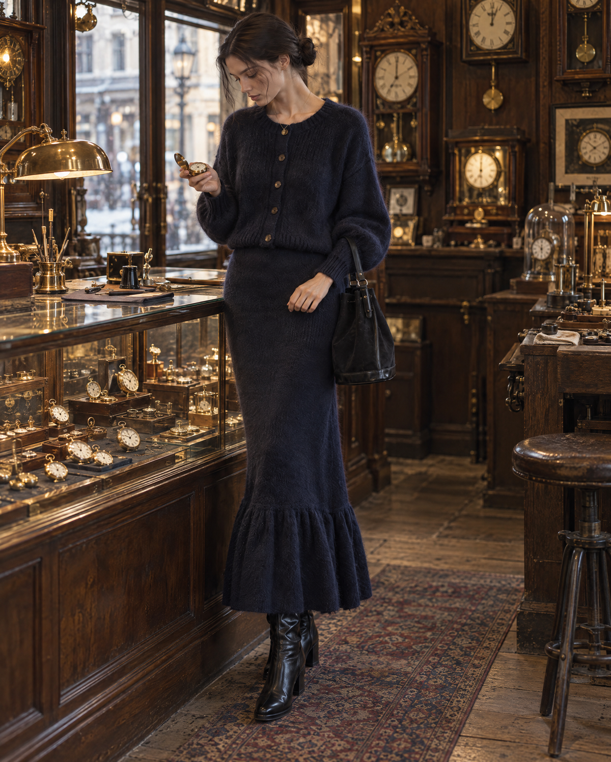 Casual Navy Brushed Knit Round Neck Long-sleeve Button-front Cardigan And Ruffle-hem Midi Skirt Set MVA003520AA