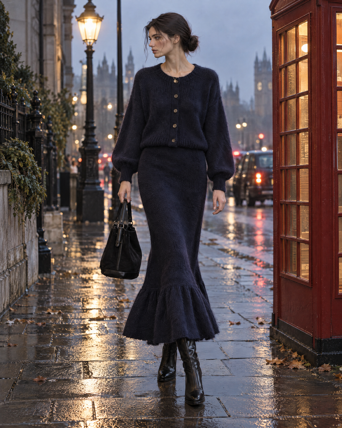 Casual Navy Brushed Knit Round Neck Long-sleeve Button-front Cardigan And Ruffle-hem Midi Skirt Set MVA003520AA