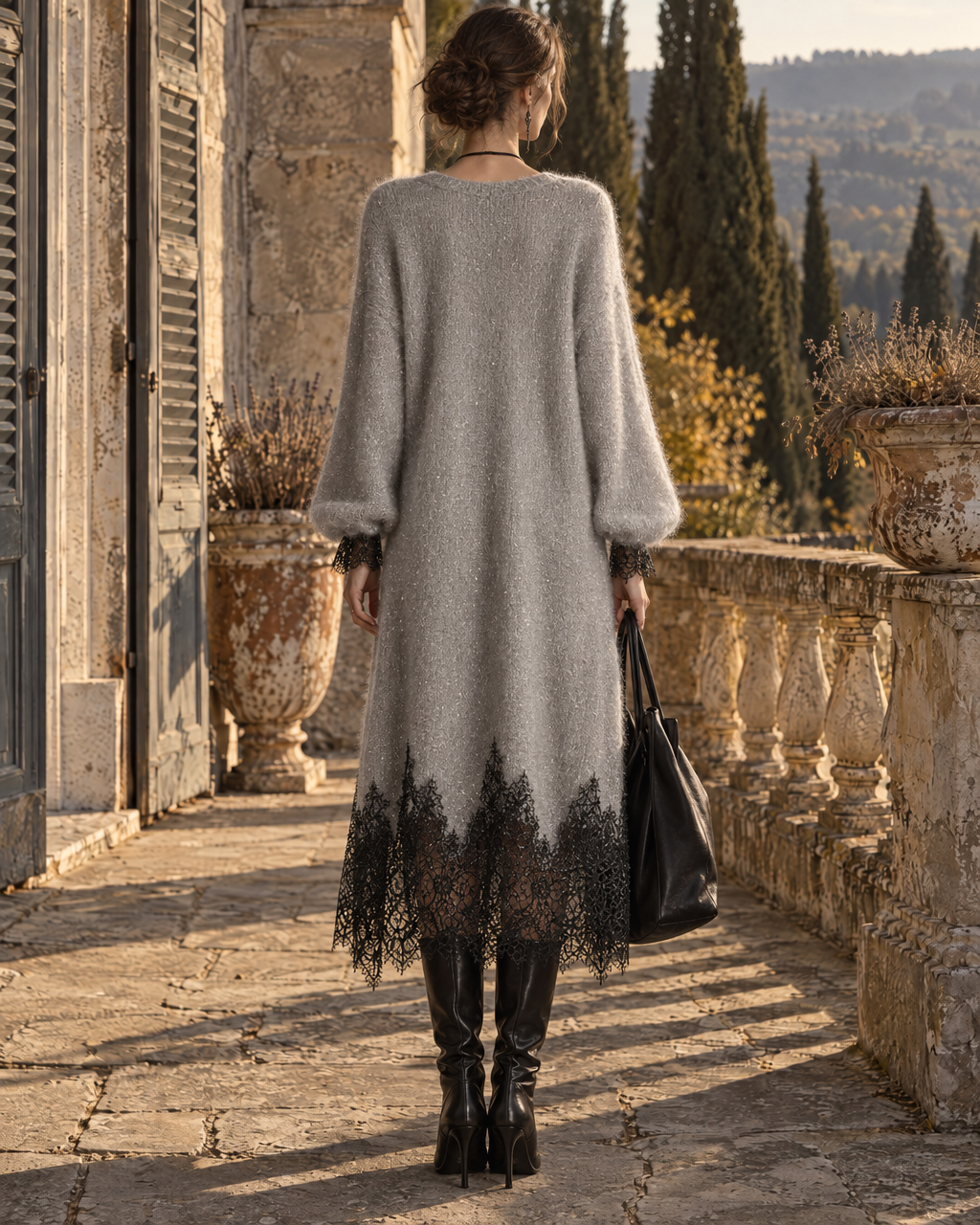 Elegant Light Grey Sparkle Brushed Knit V-neck Long-sleeve Lace-trim Midi Sweater Dress MVA003530AA