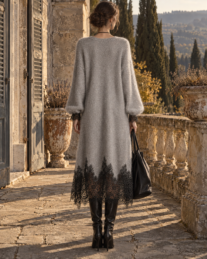 Elegant Light Grey Sparkle Brushed Knit V-neck Long-sleeve Lace-trim Midi Sweater Dress MVA003530AA