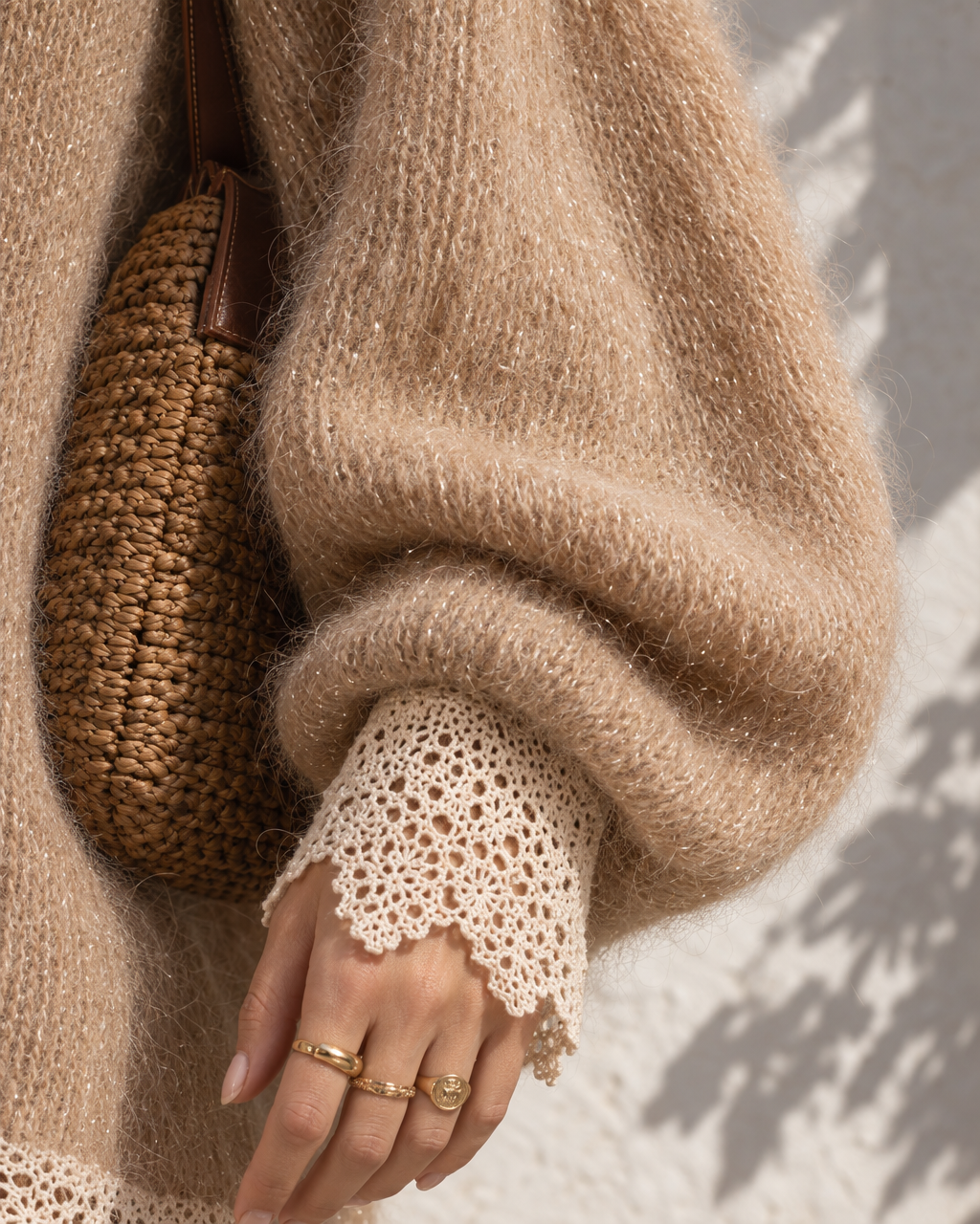 Bohemian Camel Sparkle Brushed Knit V-neck Long-sleeve Crochet Lace-trim Mini Sweater Dress MVA003540AA