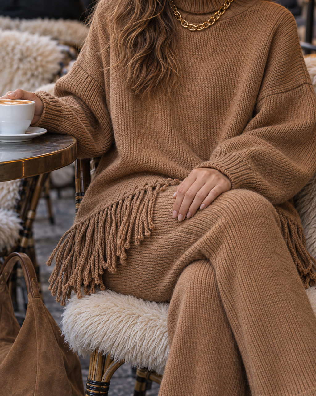 Casual Camel Knit Turtleneck Long-sleeve Fringe-hem Sweater And Straight-leg Pants Set MVA003550AA