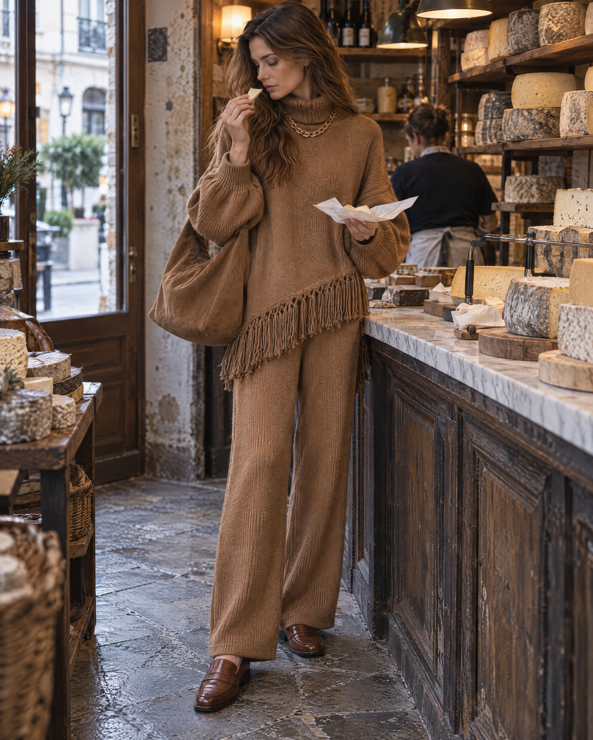 Casual Camel Knit Turtleneck Long-sleeve Fringe-hem Sweater And Straight-leg Pants Set MVA003550AA