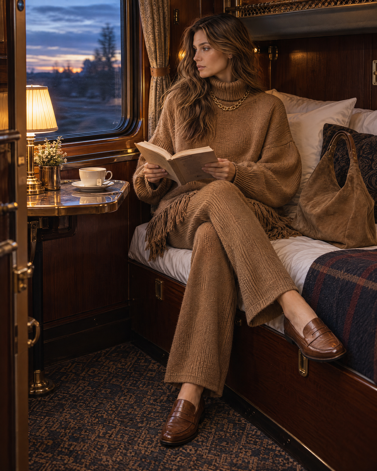 Casual Camel Knit Turtleneck Long-sleeve Fringe-hem Sweater And Straight-leg Pants Set MVA003550AA