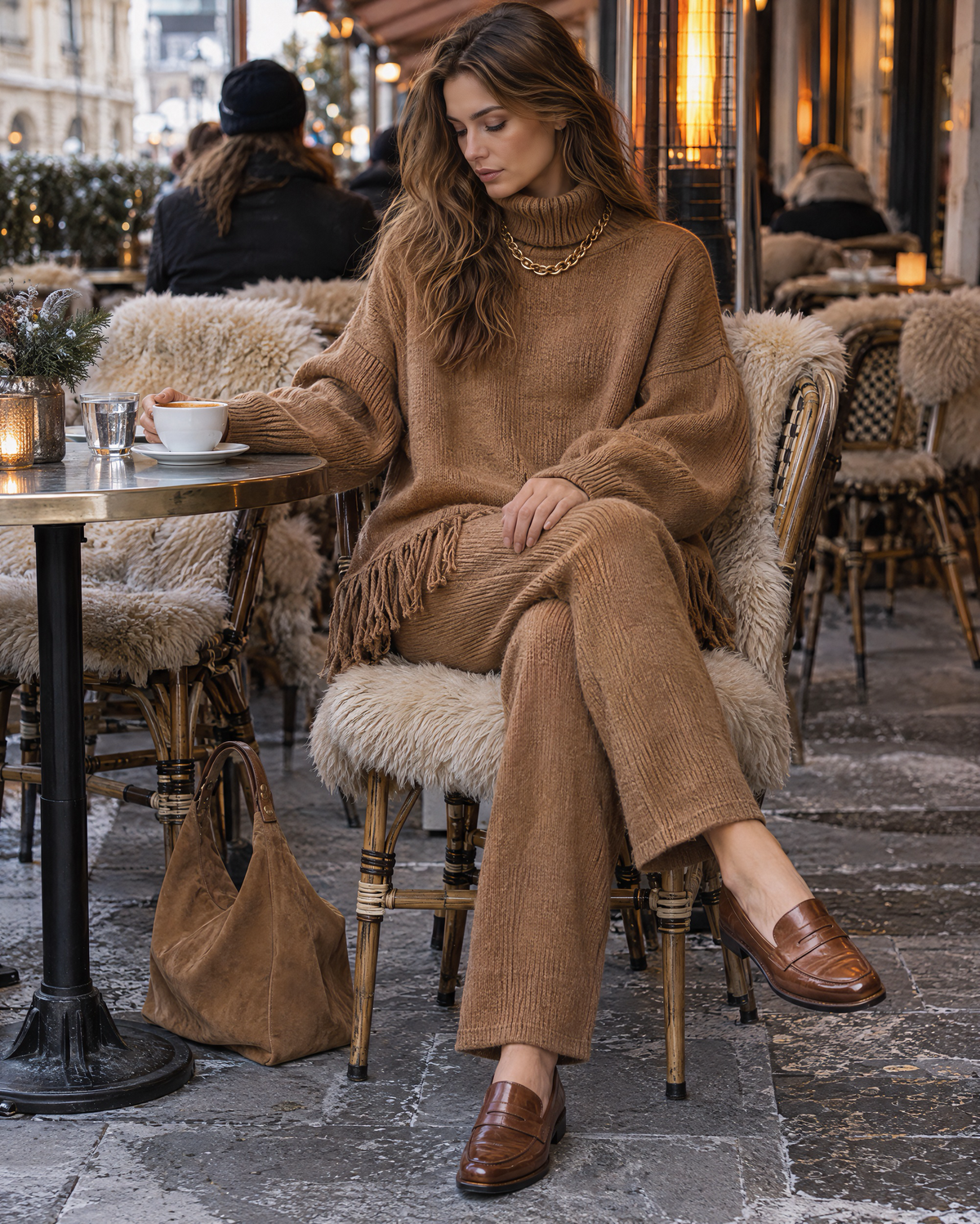 Casual Camel Knit Turtleneck Long-sleeve Fringe-hem Sweater And Straight-leg Pants Set MVA003550AA