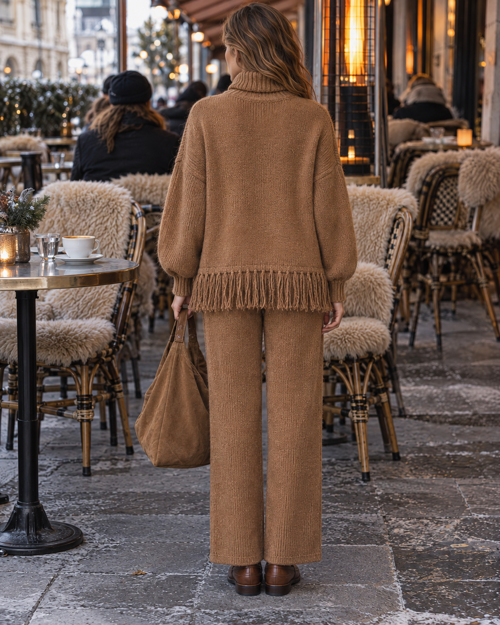 Casual Camel Knit Turtleneck Long-sleeve Fringe-hem Sweater And Straight-leg Pants Set MVA003550AA
