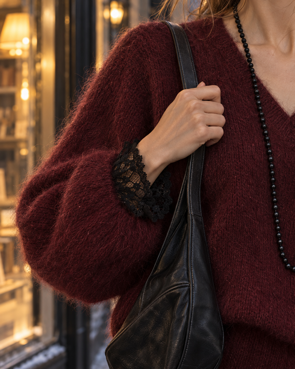 Elegant Burgundy Brushed Knit V-neck Long-sleeve Sweater And Flared Midi Skirt Set MVA003560AA