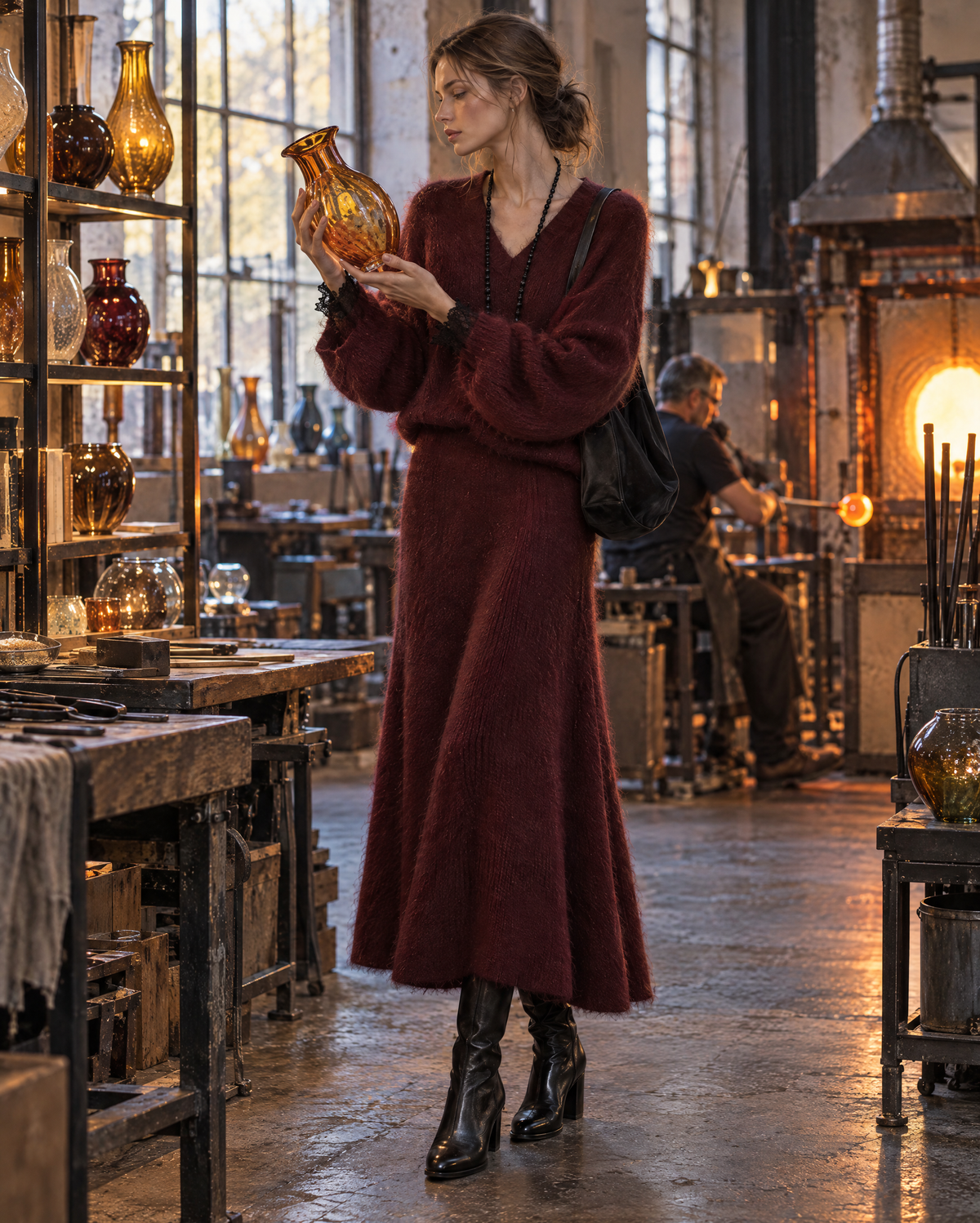 Elegant Burgundy Brushed Knit V-neck Long-sleeve Sweater And Flared Midi Skirt Set MVA003560AA