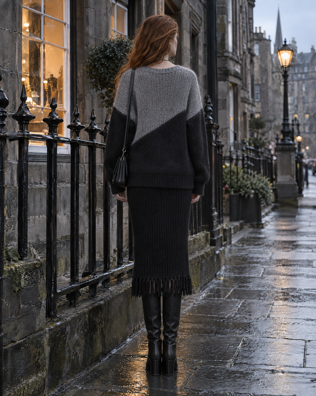 Casual Grey And Black Color Block Brushed Knit V-neck Long-sleeve Sweater And Fringe-hem Midi Skirt Set MVA003570AA