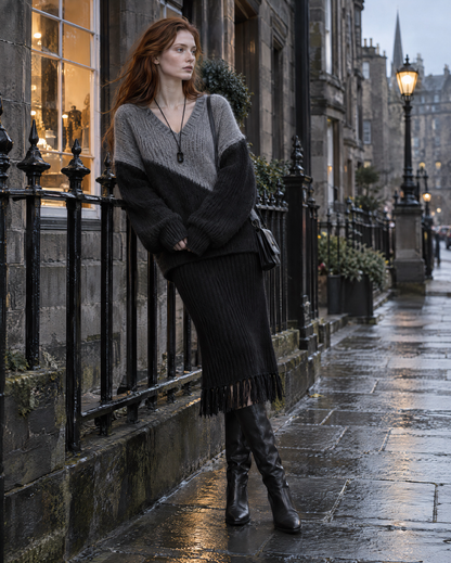 Casual Grey And Black Color Block Brushed Knit V-neck Long-sleeve Sweater And Fringe-hem Midi Skirt Set MVA003570AA