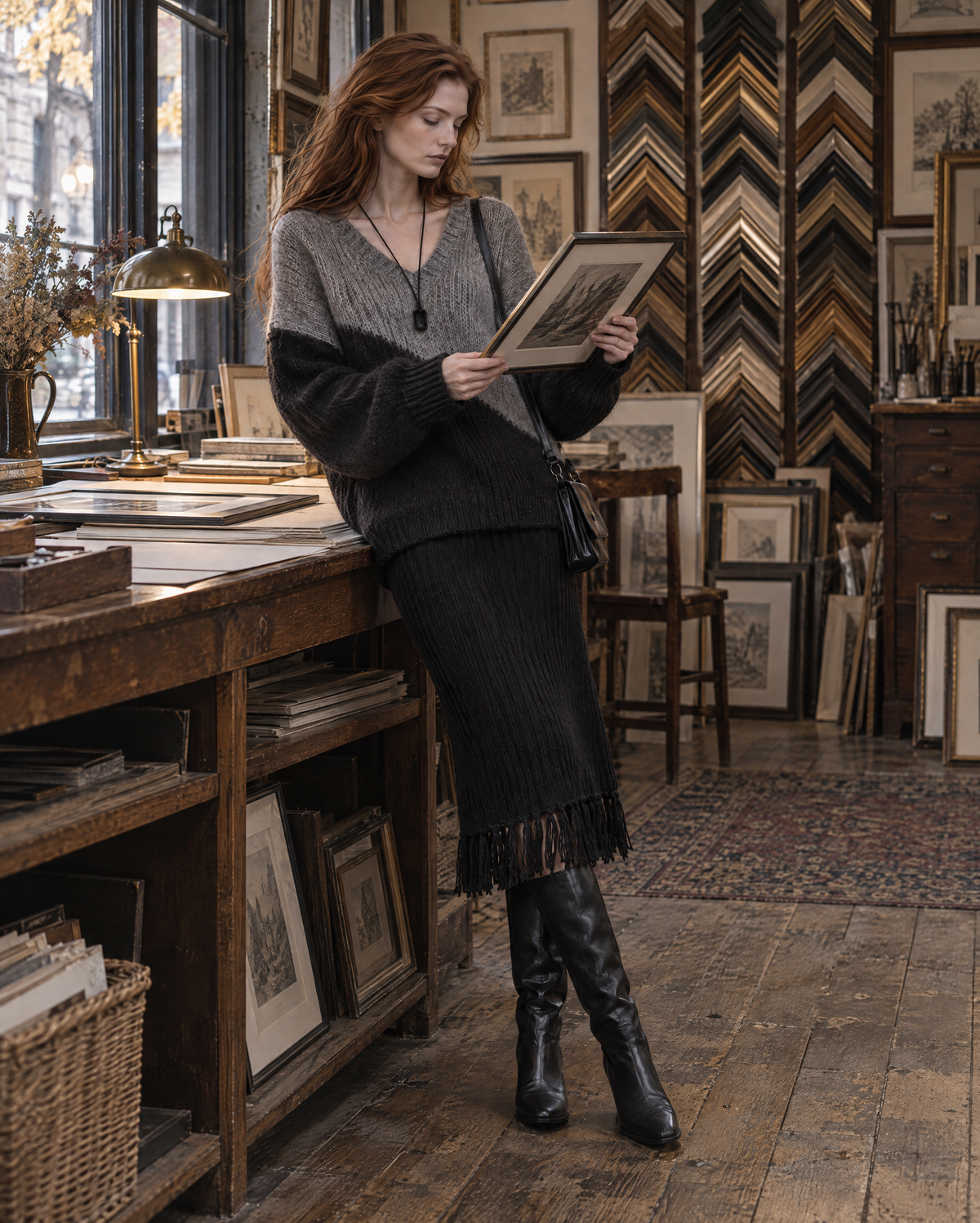 Casual Grey And Black Color Block Brushed Knit V-neck Long-sleeve Sweater And Fringe-hem Midi Skirt Set MVA003570AA