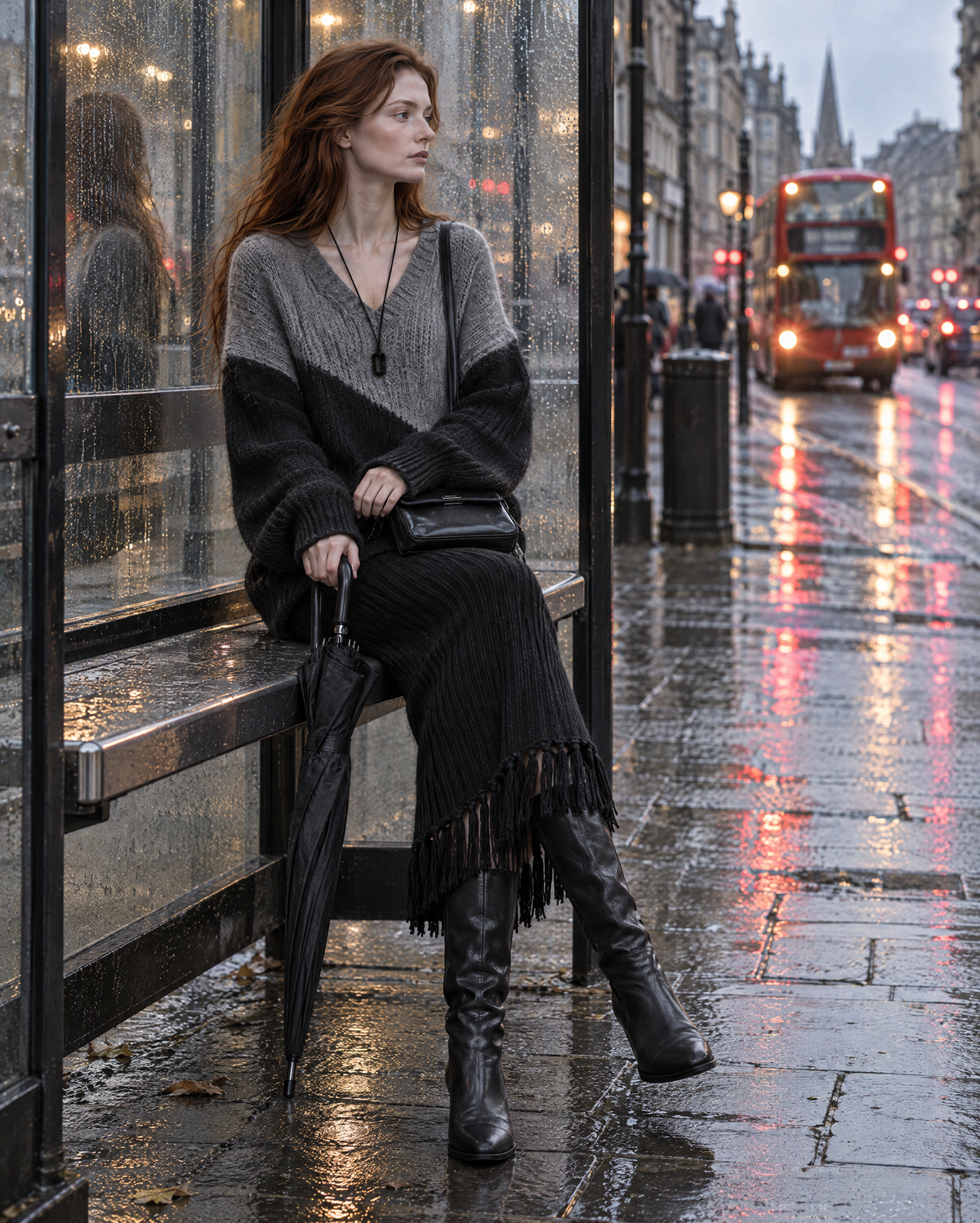 Casual Grey And Black Color Block Brushed Knit V-neck Long-sleeve Sweater And Fringe-hem Midi Skirt Set MVA003570AA