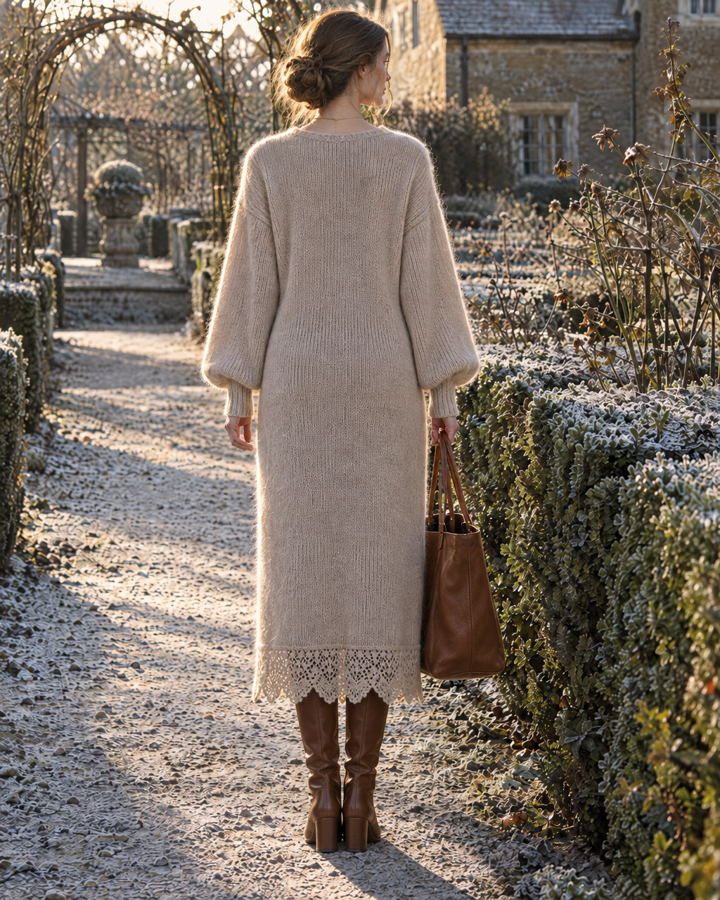 Casual Oatmeal Brushed Knit V-neck Long-sleeve Crochet Lace-hem Midi Sweater Dress MVA003580AA