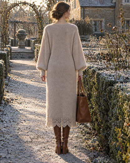 Casual Oatmeal Brushed Knit V-neck Long-sleeve Crochet Lace-hem Midi Sweater Dress MVA003580AA