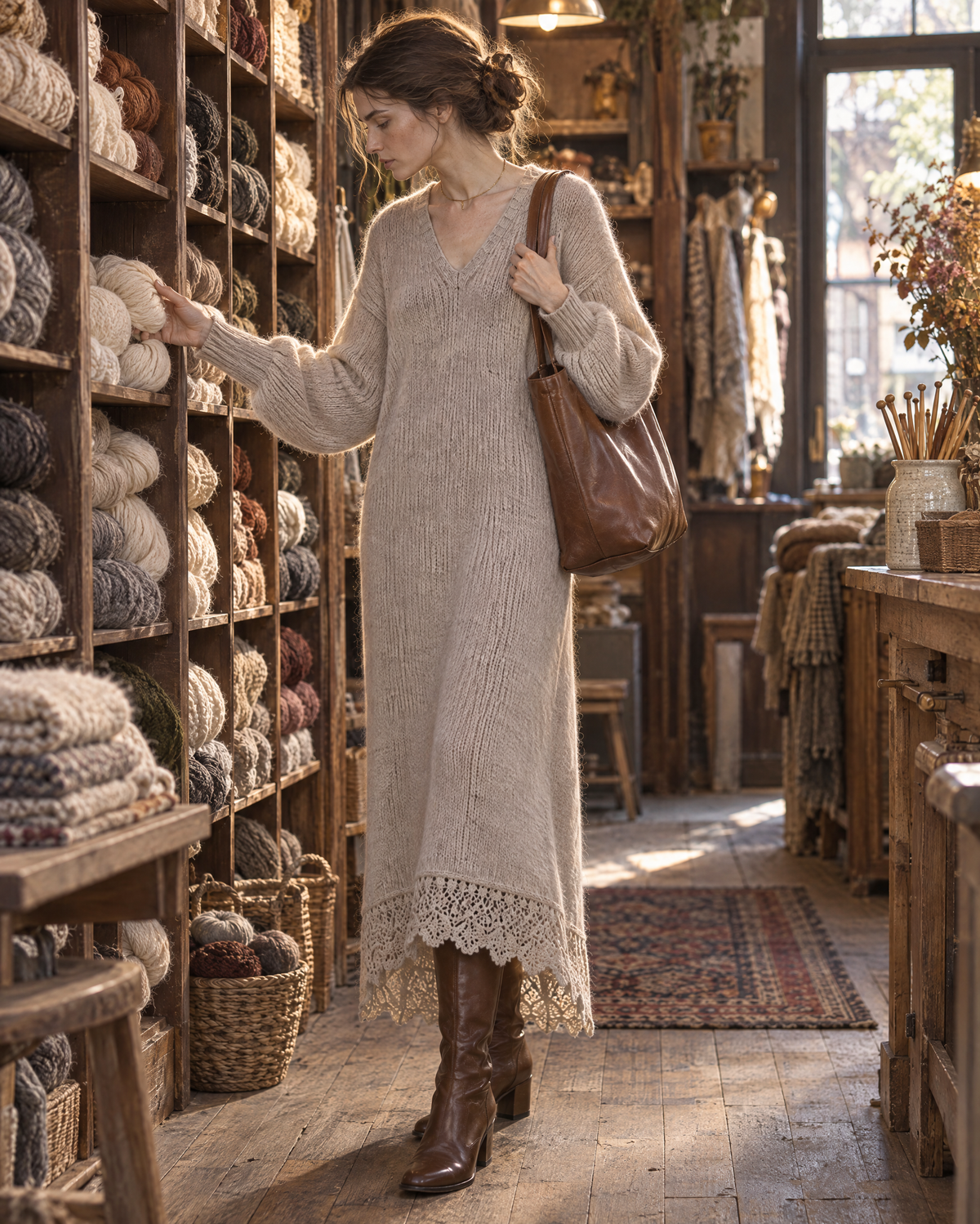 Casual Oatmeal Brushed Knit V-neck Long-sleeve Crochet Lace-hem Midi Sweater Dress MVA003580AA