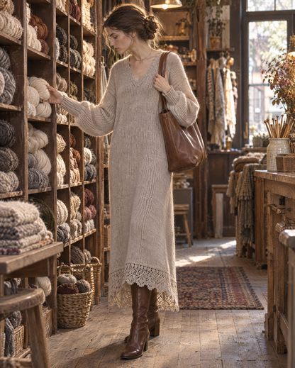 Casual Oatmeal Brushed Knit V-neck Long-sleeve Crochet Lace-hem Midi Sweater Dress MVA003580AA