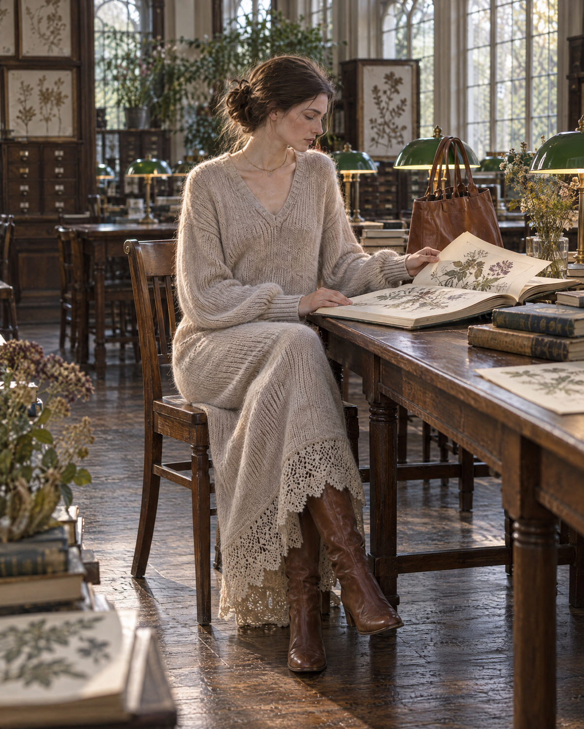 Casual Oatmeal Brushed Knit V-neck Long-sleeve Crochet Lace-hem Midi Sweater Dress MVA003580AA