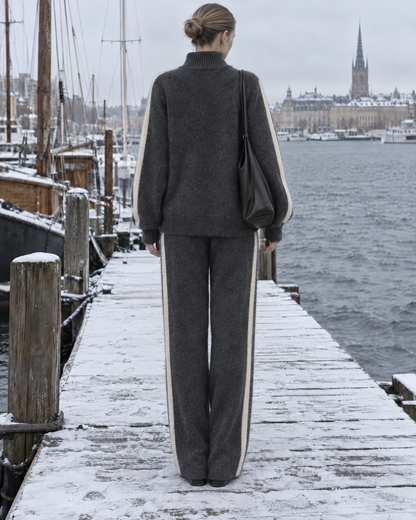 Casual Charcoal Grey Brushed Knit Half-zip Stand Collar Long-sleeve Side-stripe Sweater And Wide-leg Pants Set MVA003590AA