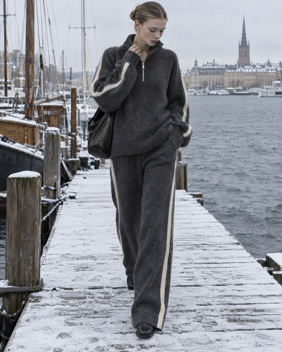 Casual Charcoal Grey Brushed Knit Half-zip Stand Collar Long-sleeve Side-stripe Sweater And Wide-leg Pants Set MVA003590AA