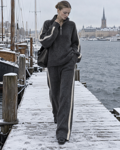 Casual Charcoal Grey Brushed Knit Half-zip Stand Collar Long-sleeve Side-stripe Sweater And Wide-leg Pants Set MVA003590AA