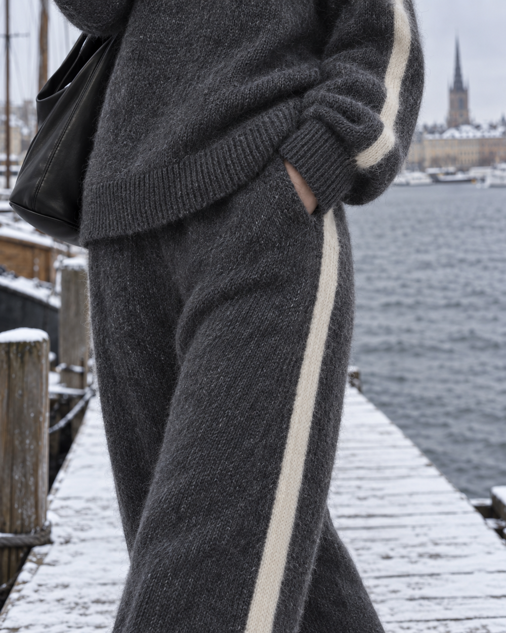 Casual Charcoal Grey Brushed Knit Half-zip Stand Collar Long-sleeve Side-stripe Sweater And Wide-leg Pants Set MVA003590AA