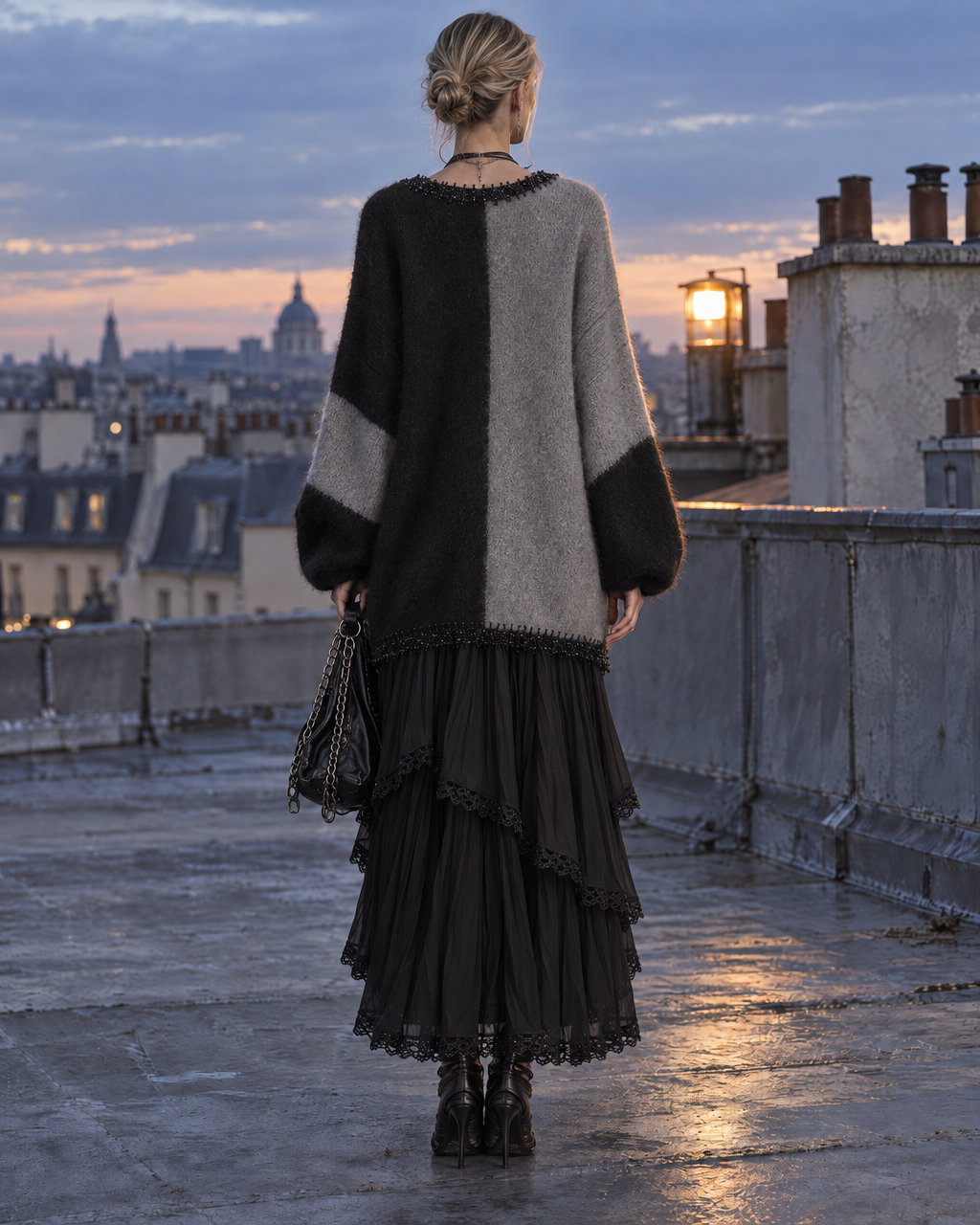 Bohemian Grey And Black Color Block Brushed Knit V-neck Long-sleeve Chiffon Spliced Maxi Dress MVA003600AA