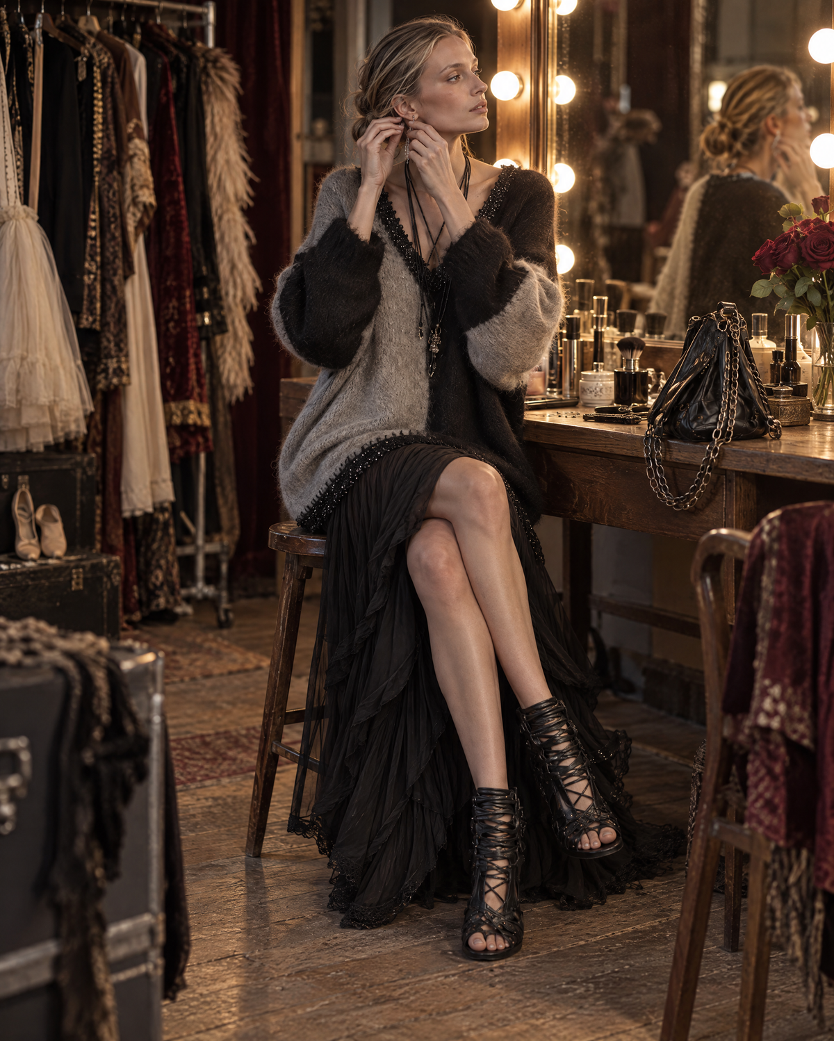 Bohemian Grey And Black Color Block Brushed Knit V-neck Long-sleeve Chiffon Spliced Maxi Dress MVA003600AA