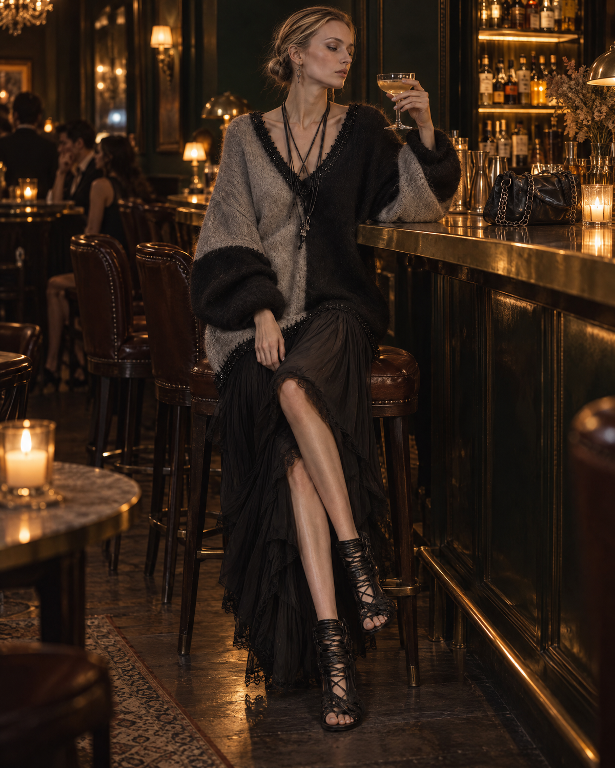 Bohemian Grey And Black Color Block Brushed Knit V-neck Long-sleeve Chiffon Spliced Maxi Dress MVA003600AA