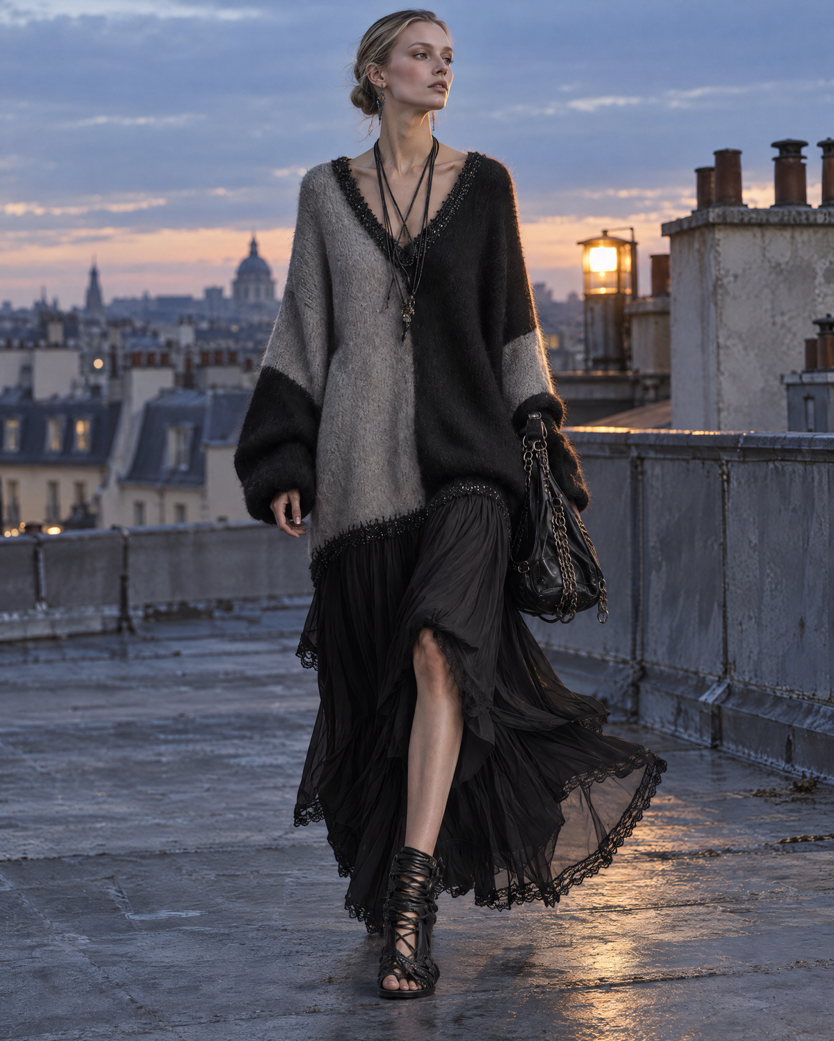 Bohemian Grey And Black Color Block Brushed Knit V-neck Long-sleeve Chiffon Spliced Maxi Dress MVA003600AA