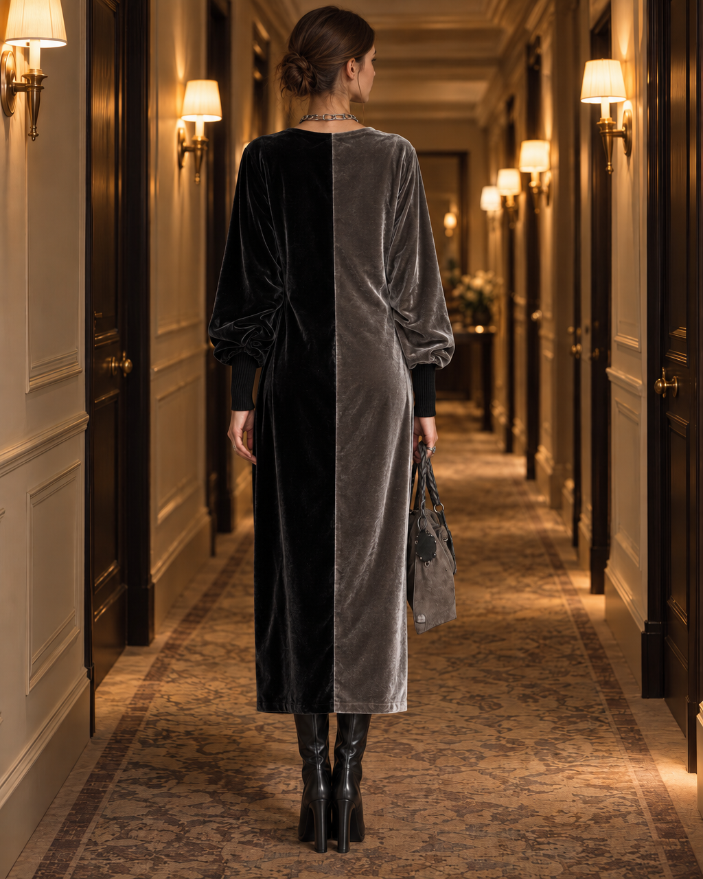 Elegant Grey And Black Color Block Velvet V-neck Long-sleeve Asymmetric Midi Dress MVA003610AA