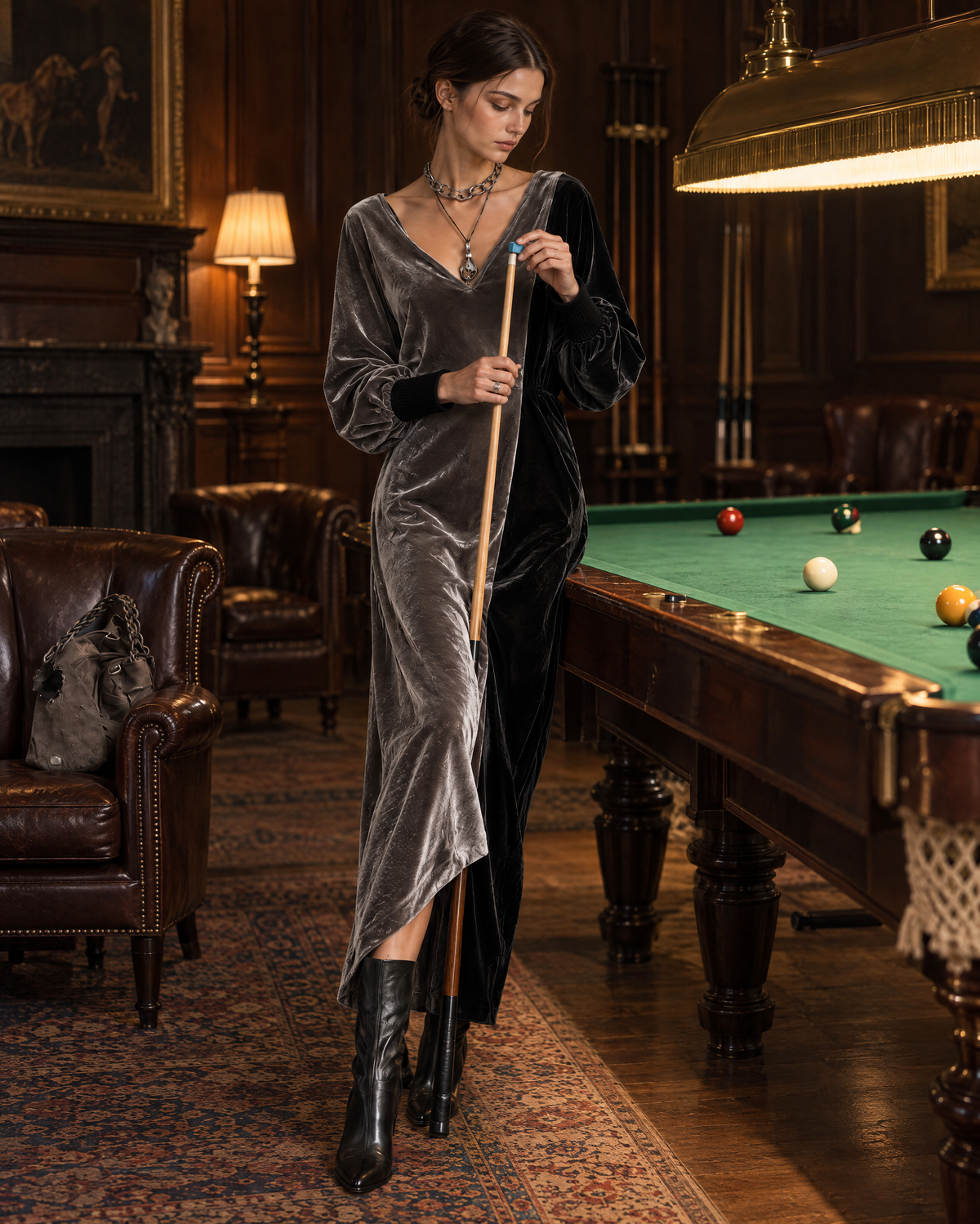 Elegant Grey And Black Color Block Velvet V-neck Long-sleeve Asymmetric Midi Dress MVA003610AA