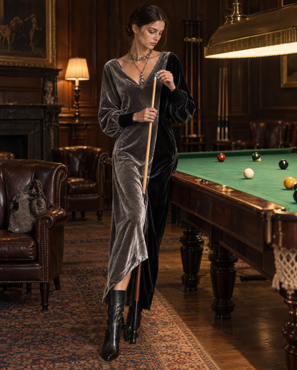 Elegant Grey And Black Color Block Velvet V-neck Long-sleeve Asymmetric Midi Dress MVA003610AA
