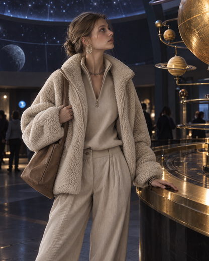 Casual Oatmeal Sherpa Fleece Stand Collar Long-sleeve Zip-up Oversized Jacket MVA003630AA