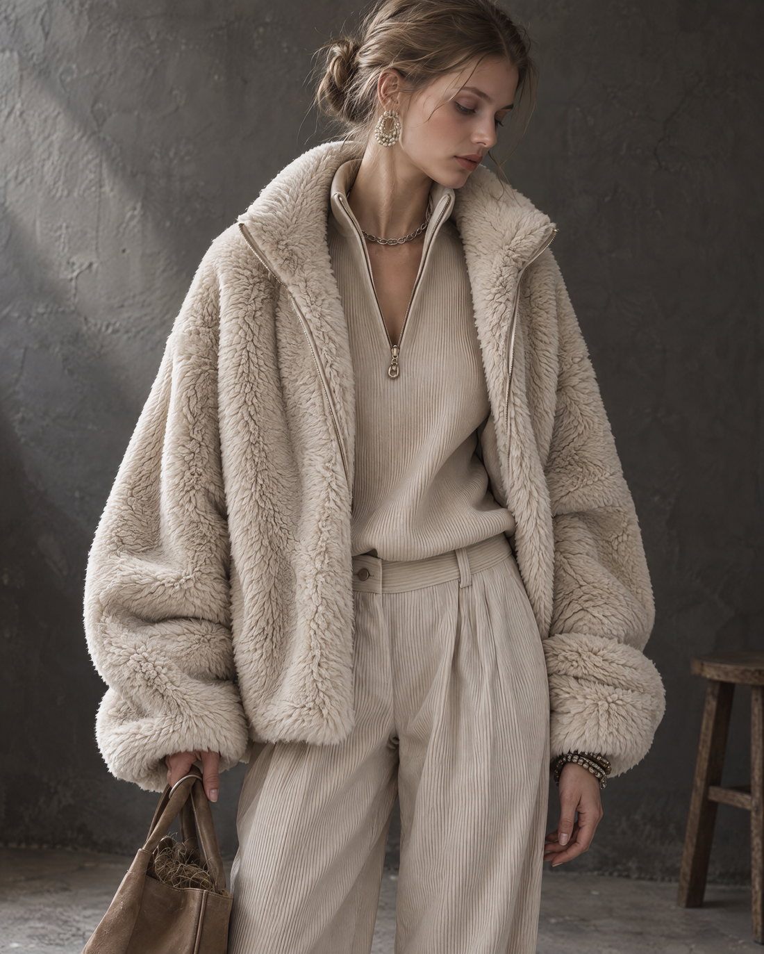 Casual Oatmeal Sherpa Fleece Stand Collar Long-sleeve Zip-up Oversized Jacket MVA003630AA