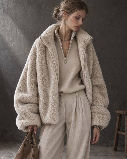 Casual Oatmeal Sherpa Fleece Stand Collar Long-sleeve Zip-up Oversized Jacket MVA003630AA