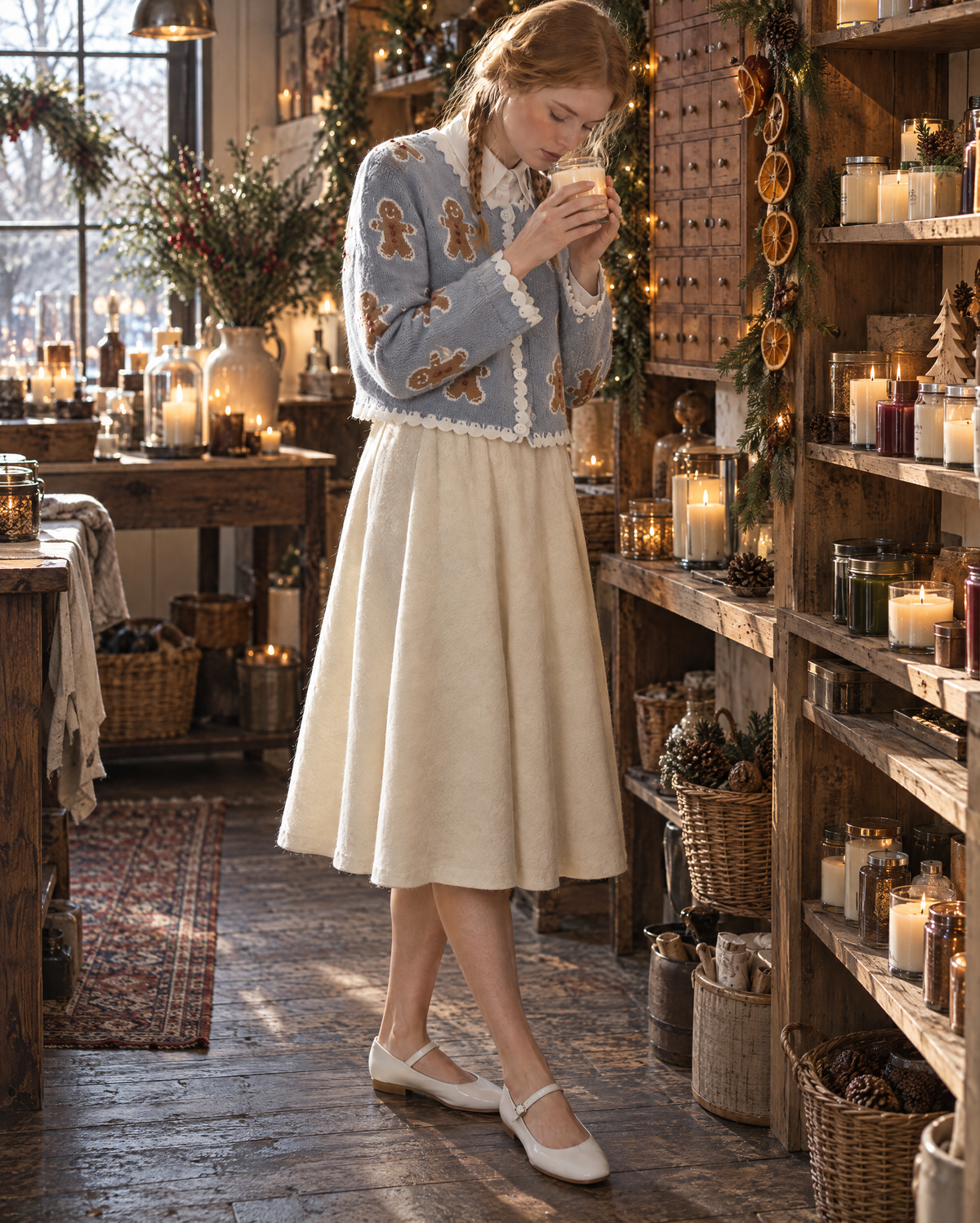 Sweet Light Blue Knit Round Neck Long-sleeve Gingerbread Jacquard Scallop-trim Cropped Cardigan MVA003640AA
