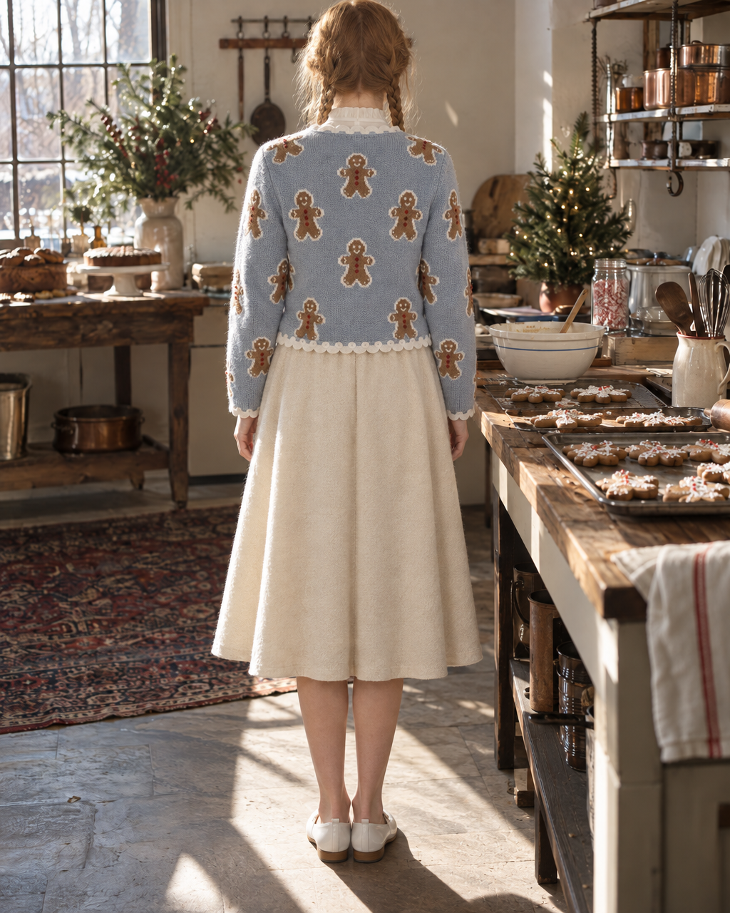 Sweet Light Blue Knit Round Neck Long-sleeve Gingerbread Jacquard Scallop-trim Cropped Cardigan MVA003640AA