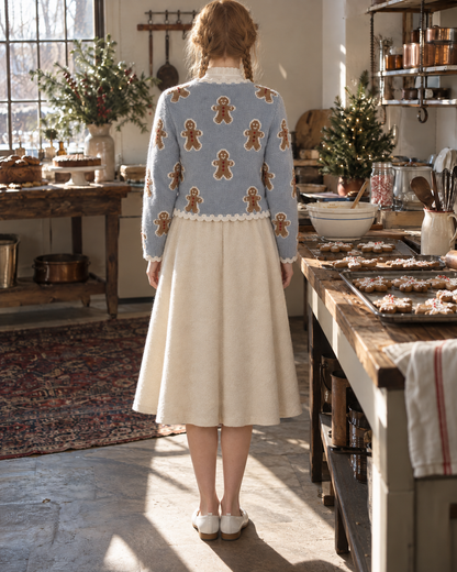 Sweet Light Blue Knit Round Neck Long-sleeve Gingerbread Jacquard Scallop-trim Cropped Cardigan MVA003640AA