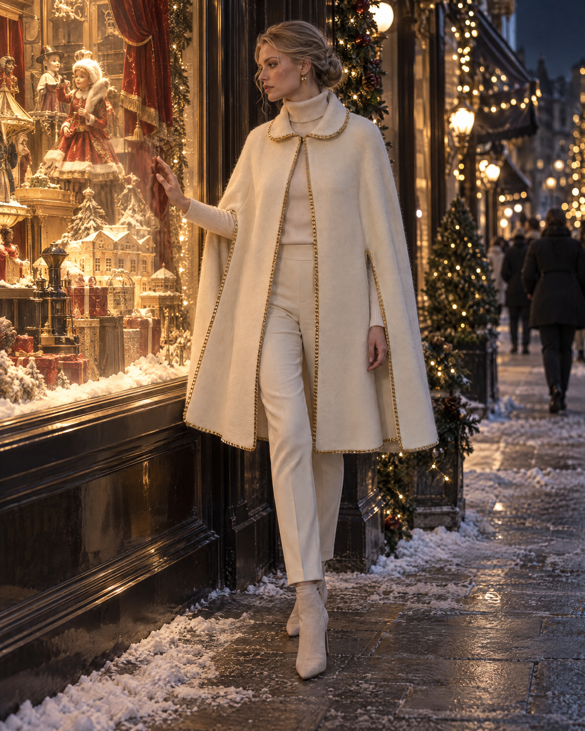 Elegant Cream Brushed Woven Peter Pan Collar Gold Chain-trim Cape Coat MVA003650AA