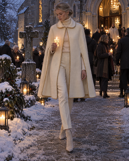 Elegant Cream Brushed Woven Peter Pan Collar Gold Chain-trim Cape Coat MVA003650AA