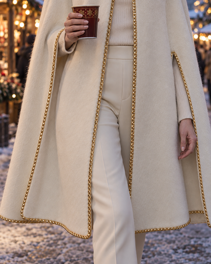 Elegant Cream Brushed Woven Peter Pan Collar Gold Chain-trim Cape Coat MVA003650AA