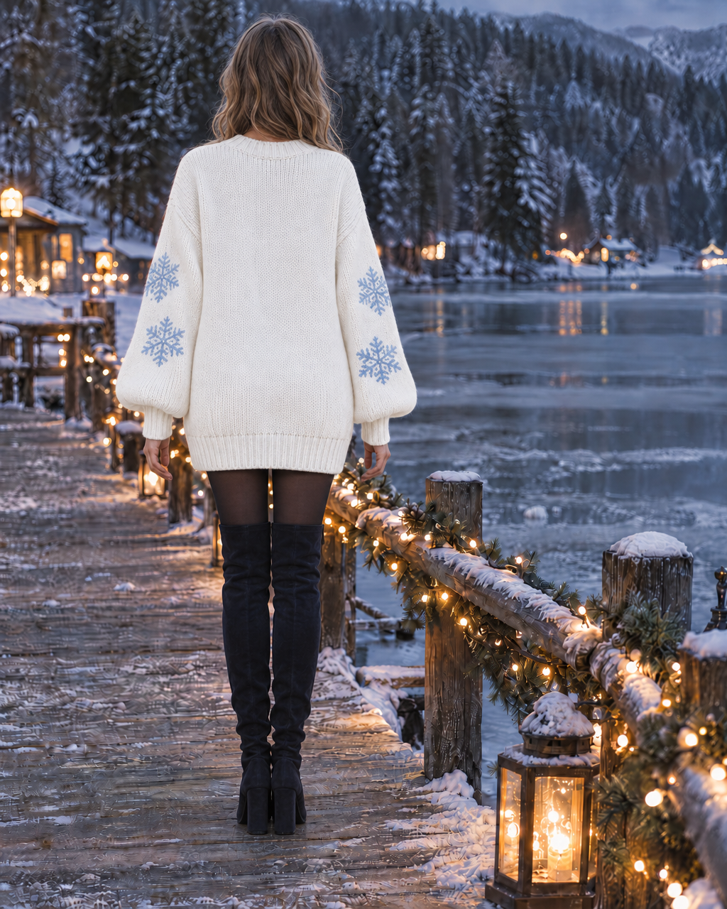 Casual Snowflake Jacquard Knit Round Neck Long-sleeve Oversized Longline Sweater MVA003660AA