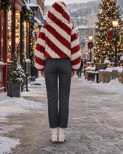 Casual Red And White Striped Faux Fur Hooded Long-sleeve Cropped Jacket MVA003670AA