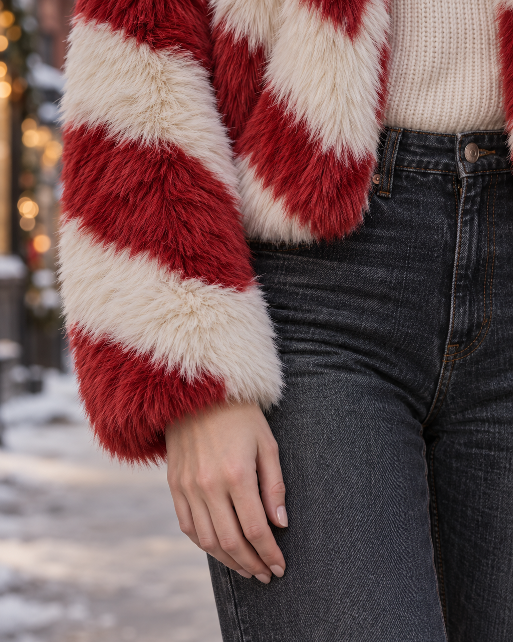 Casual Red And White Striped Faux Fur Hooded Long-sleeve Cropped Jacket MVA003670AA