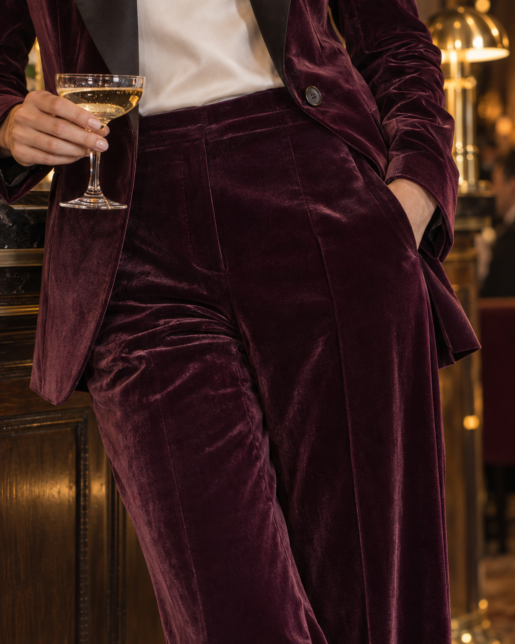Elegant Mahogany Velvet Satin Peak Lapel Long-sleeve Tuxedo Blazer And Wide-leg Pants Set MVA003680AA