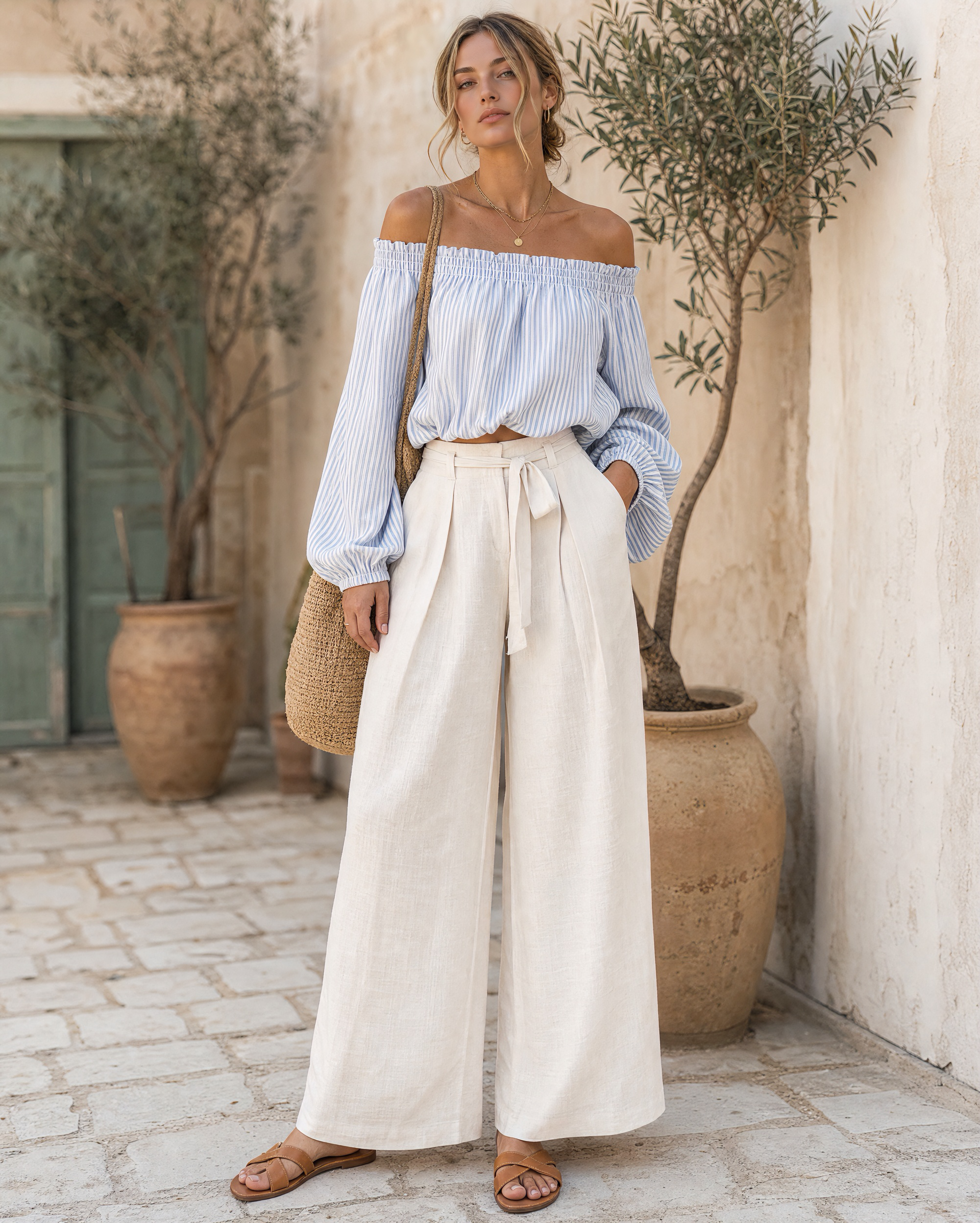 Mediterranean Vacation 2 Piece Outfit Striped Off Shoulder Blouse &amp; Cream Linen Tie Waist Wide Leg Pants MVA000370AA