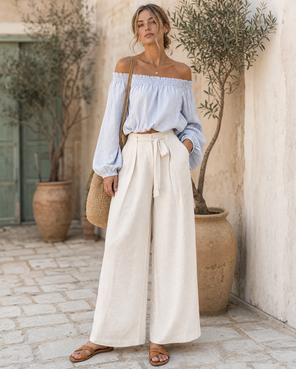 Mediterranean Vacation 2 Piece Outfit Striped Off Shoulder Blouse &amp; Cream Linen Tie Waist Wide Leg Pants MVA000370AA